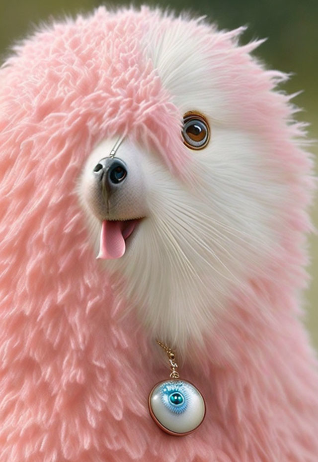 Fluffy Pink Dog with White Face and Eye Pendant