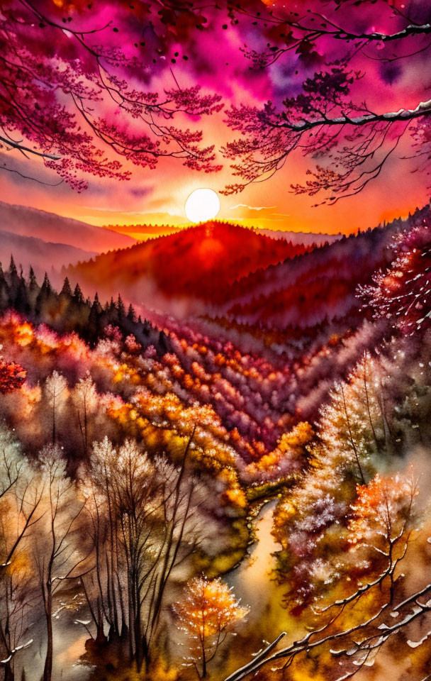 Colorful sunset over misty autumn forest with river and silhouetted trees