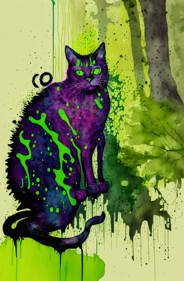 Colorful Purple and Green Cat Artwork with Mystical Aura and Tree Silhouette