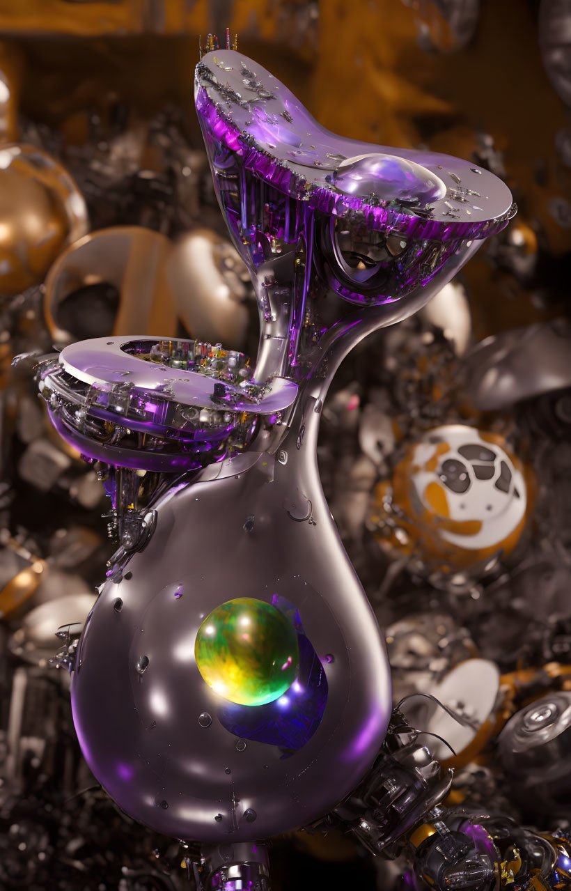 Abstract futuristic sculpture: glossy purple surface, spherical elements, intricate mechanical details, golden shapes