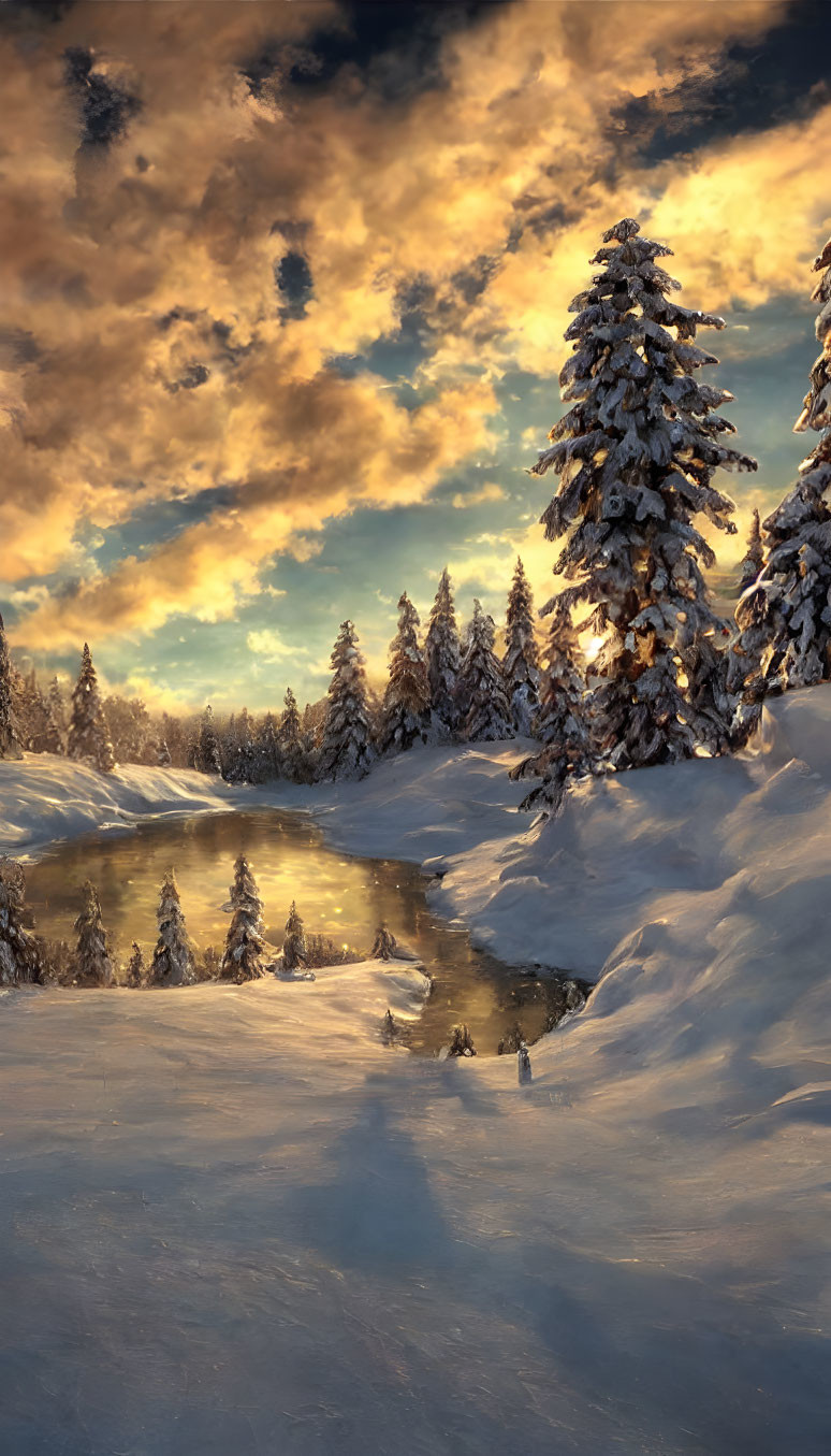 Winter Scene: Snowy Landscape, Pine Trees, Golden Sky, Frozen Lake at Sunset