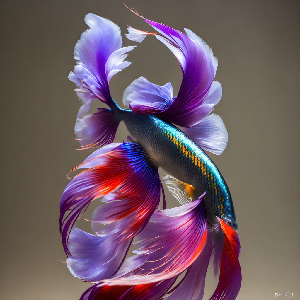 Colorful Betta Fish with Elaborate Fins on Brown Background