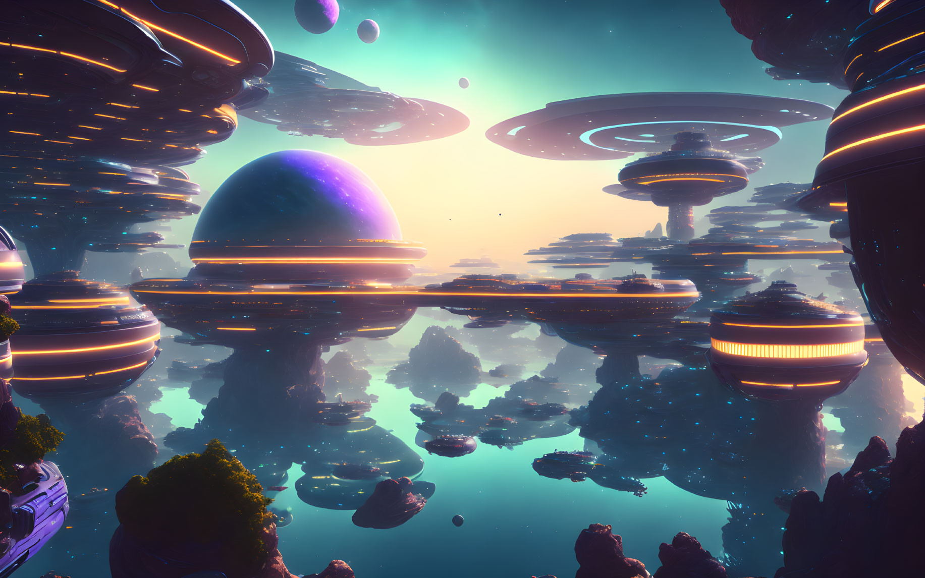 Alien planet with floating cities and platforms in futuristic scene