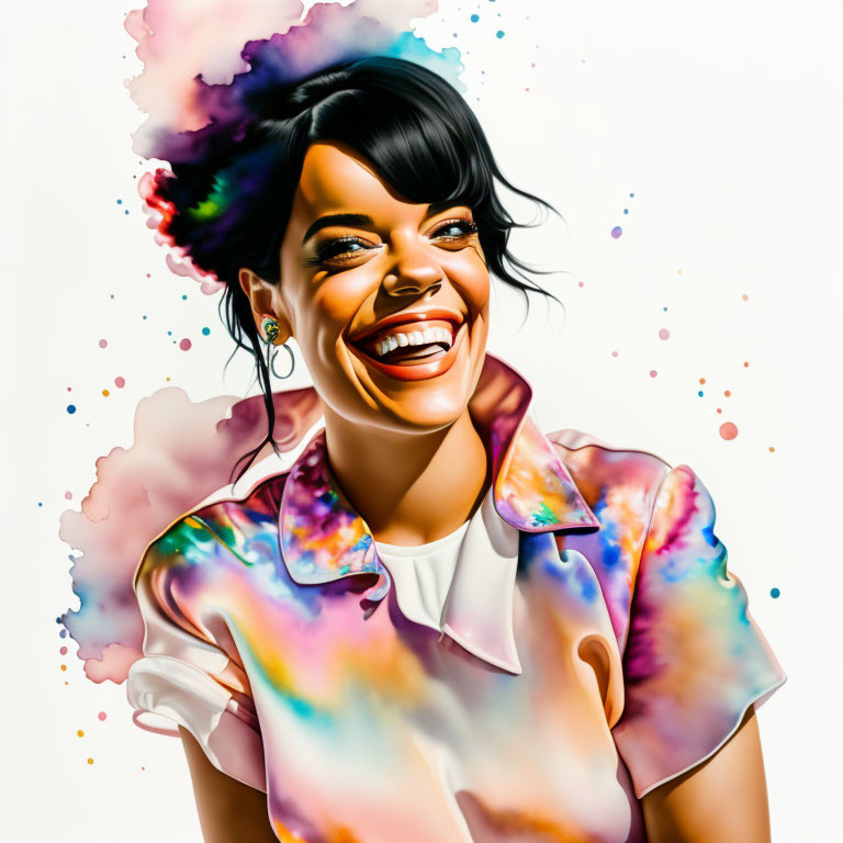 Vibrant illustration of smiling woman in colorful ink splashes