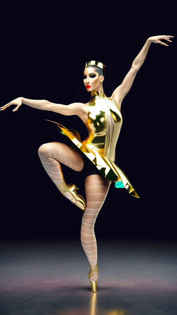 Gold Futuristic Ballerina Posing in Dark Background