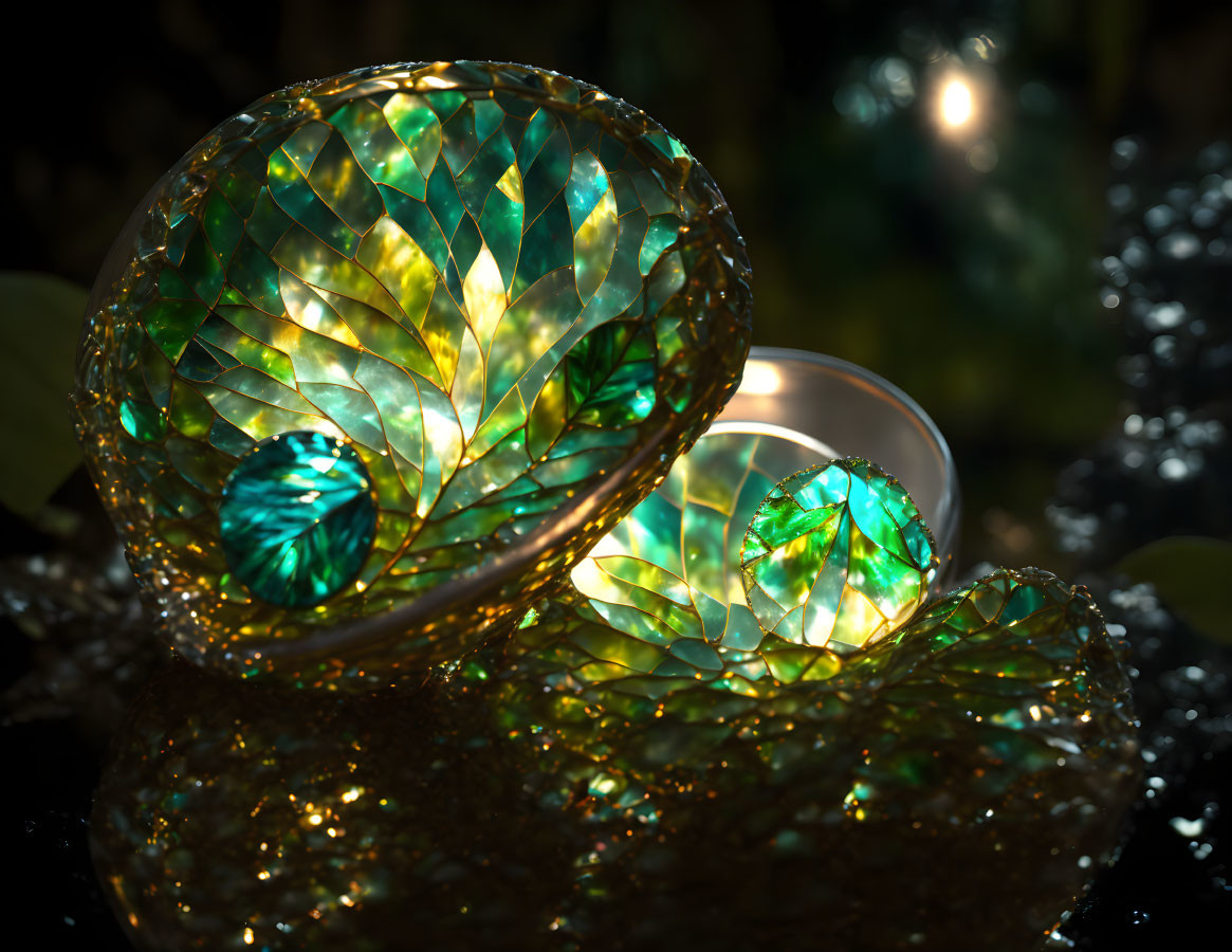 Glass orb with leaf-like pattern reflecting on wet surface in green foliage