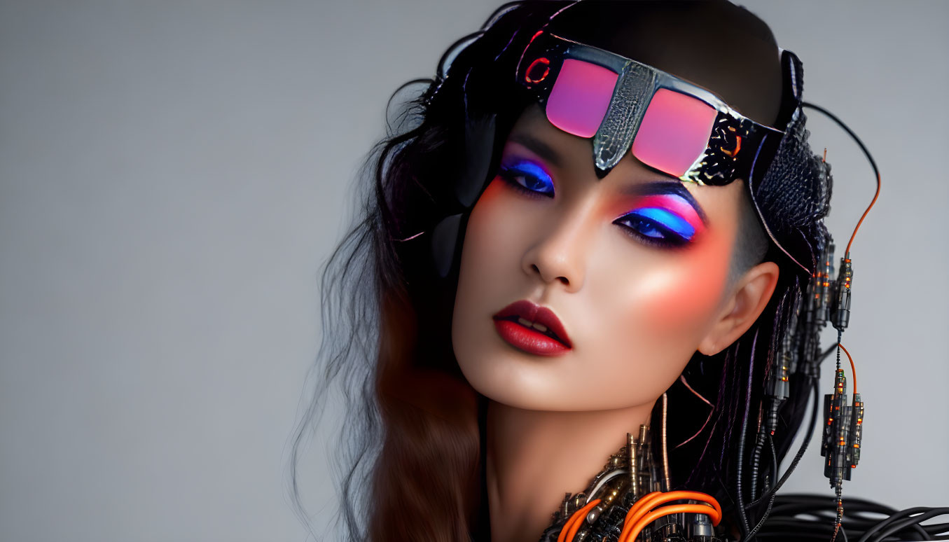 Futuristic woman with vibrant makeup and cybernetic enhancements