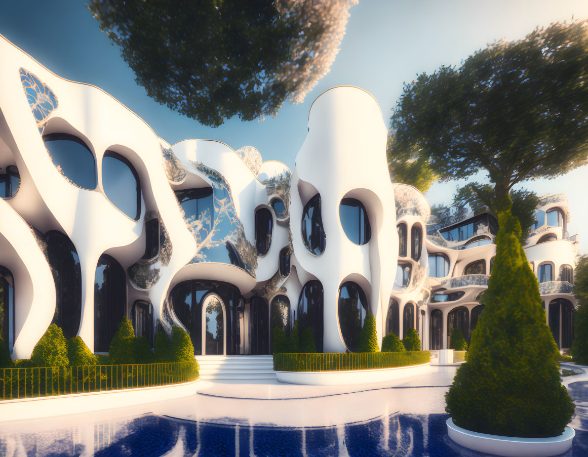 Organic white buildings with round windows, surrounded by trees and reflective pool