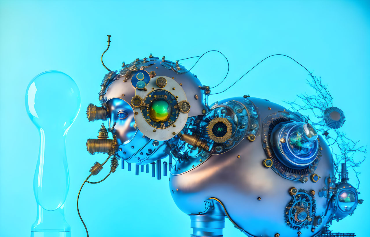 Surreal humanoid robotic head with gears and wires on blue background