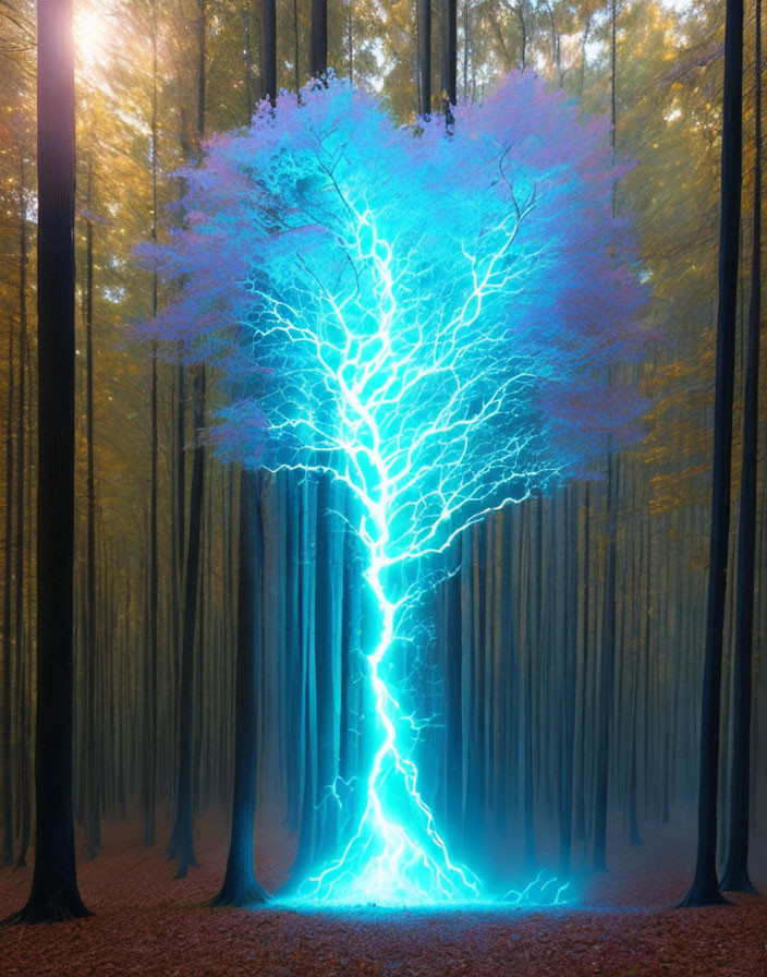 Forest tree illuminated by vibrant blue lightning-like light