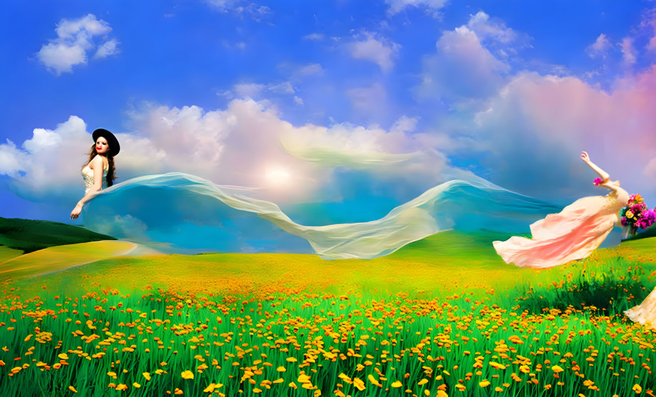 Two women in vibrant field with yellow flowers under blue sky