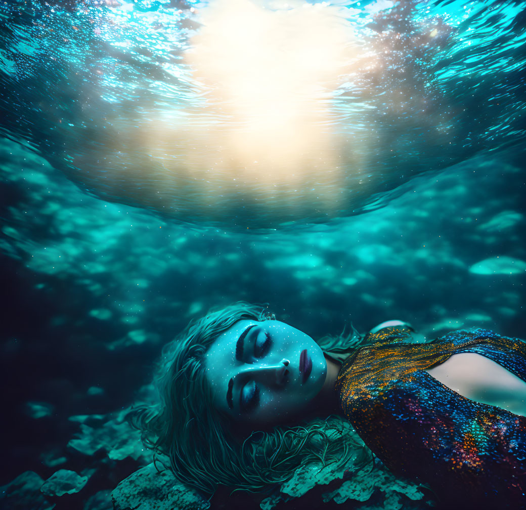 Serenely floating woman underwater with closed eyes