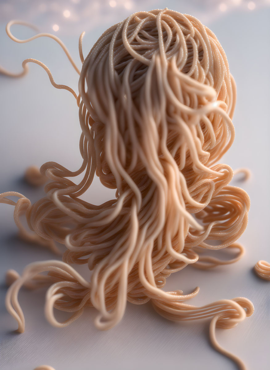 Spaghetti noodles styled as flowing hair wig on soft-lit backdrop