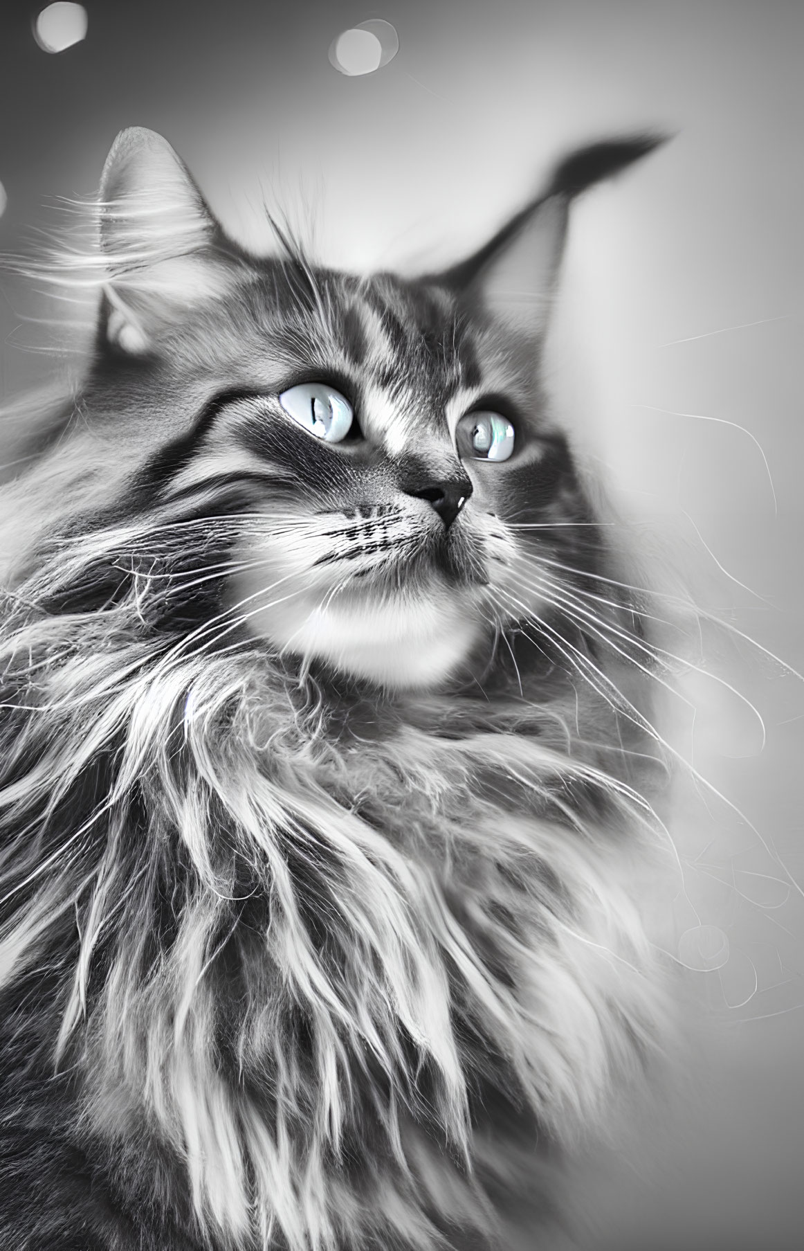 Fluffy cat with blue eyes and long whiskers in black and white.