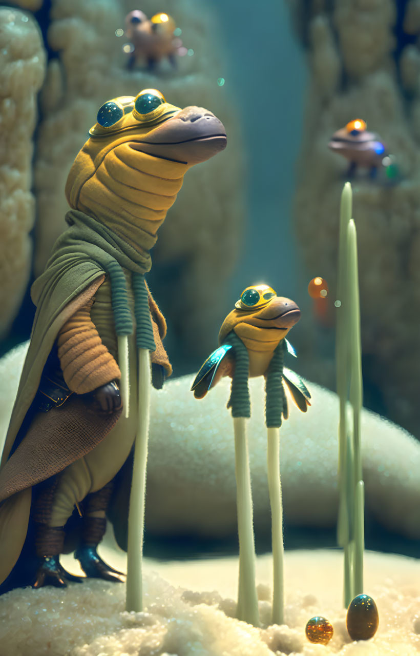 Stylized amphibian creatures with goggles and scarves in dreamlike setting