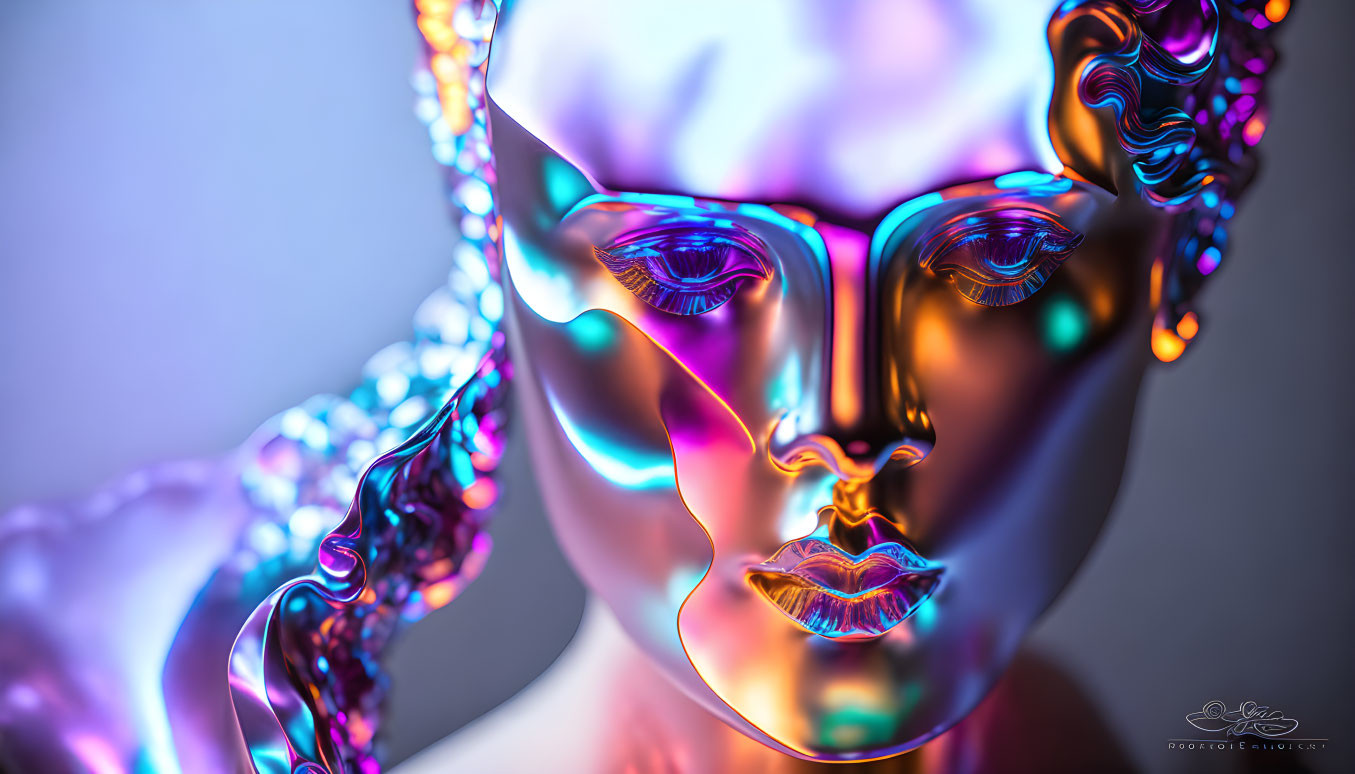 Vibrant digital artwork of metallic female face with neon lighting