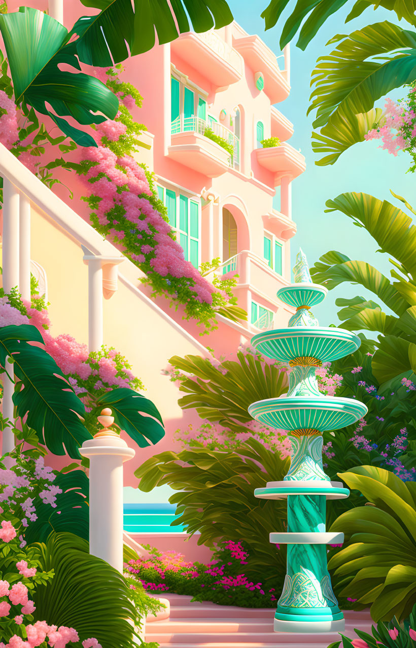 Pastel Pink Building with Green Shutters and Turquoise Fountain