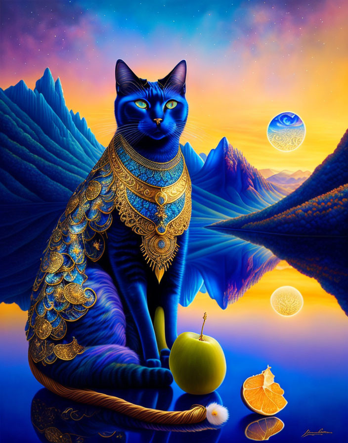 Black Cat with Golden Jewelry in Surreal Landscape