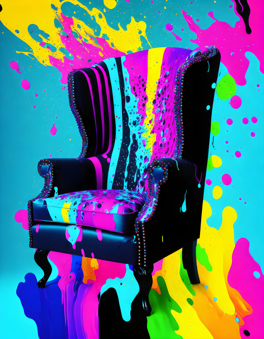 Colorful modern art: Wingback chair with black & white stripes, neon paint drips on turquoise