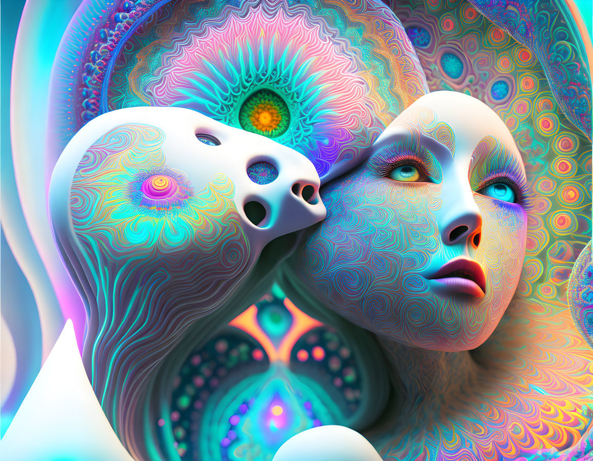 Surreal digital art: two faces with fractal patterns on colorful background