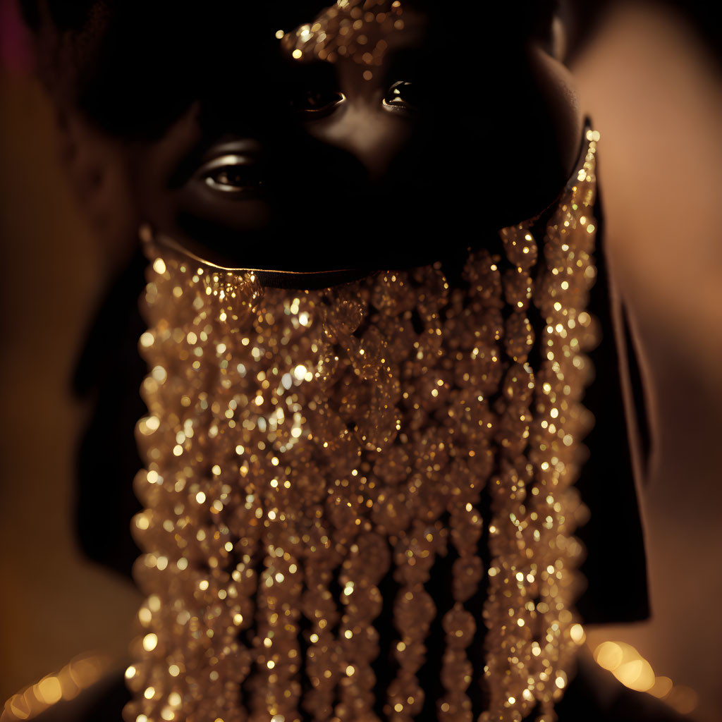 Intricate Beadwork Golden Face Veil on Dark Background