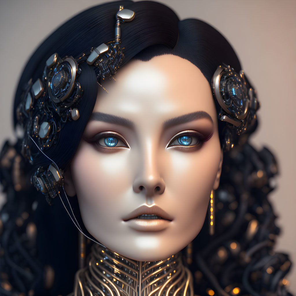 Detailed close-up of female robot with black and gold headpieces and blue eyes