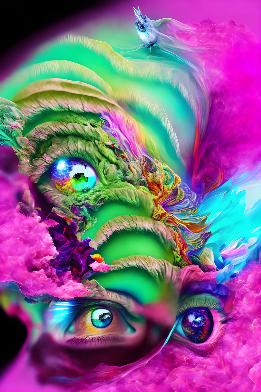Colorful surreal artwork with multiple eyes, neon feathers, and a small bird on vibrant pink background