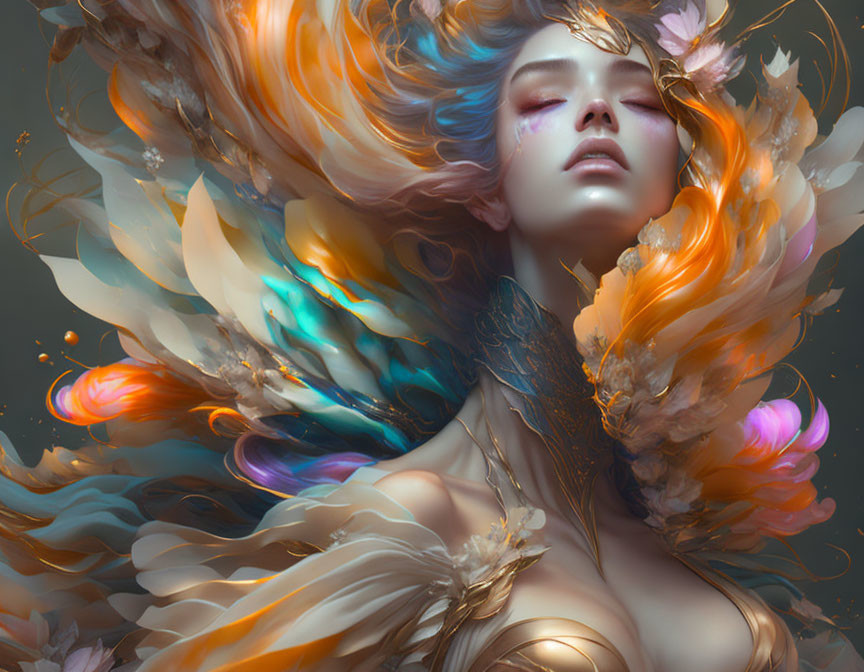 Vibrant surreal portrait of a woman with flowing hair and feathers