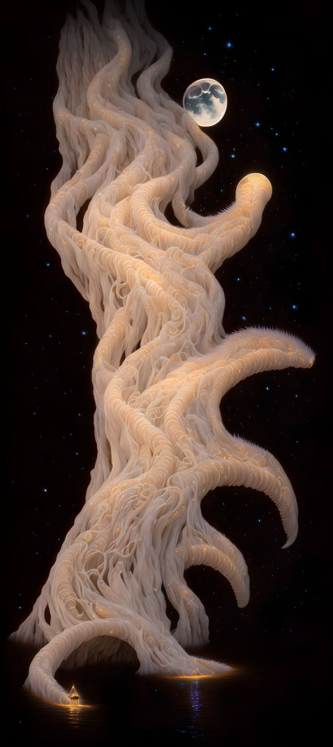 Cream-Colored Spiraling Tower Against Starry Night Sky