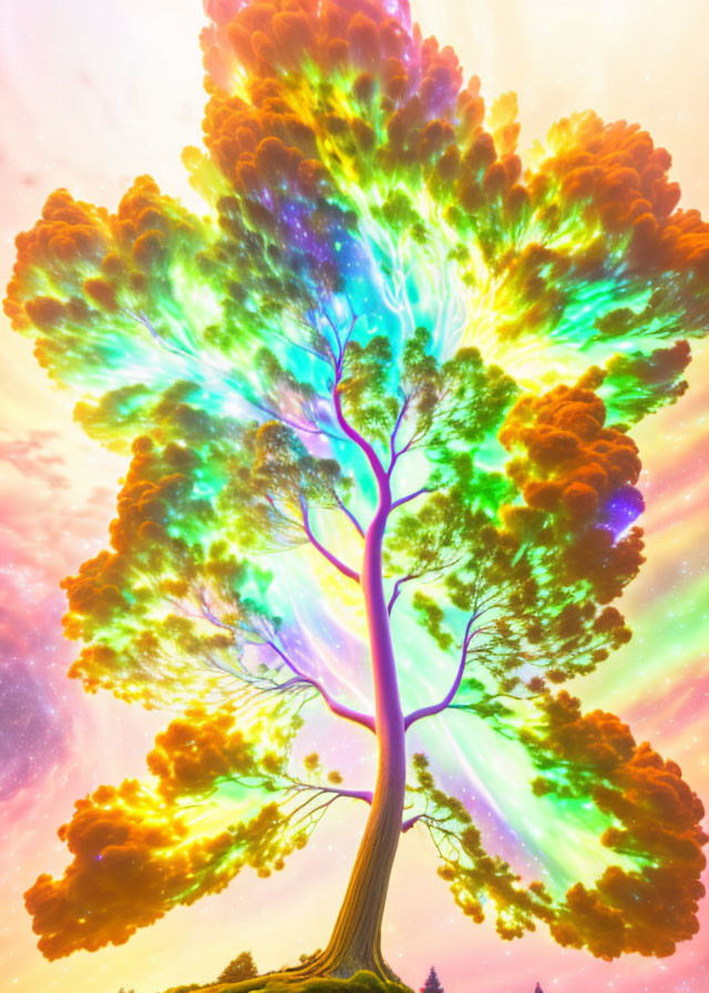 Colorful surreal tree with glowing canopy in dreamy sky