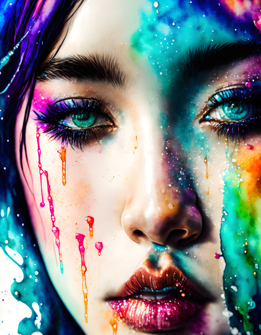 Portrait of woman with blue eyes and multicolored paint tears on face