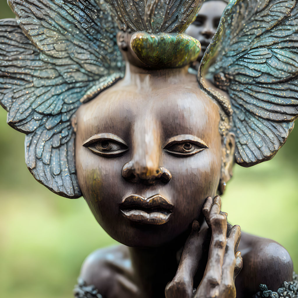 Bronze statue of stylized female figure with butterfly wings