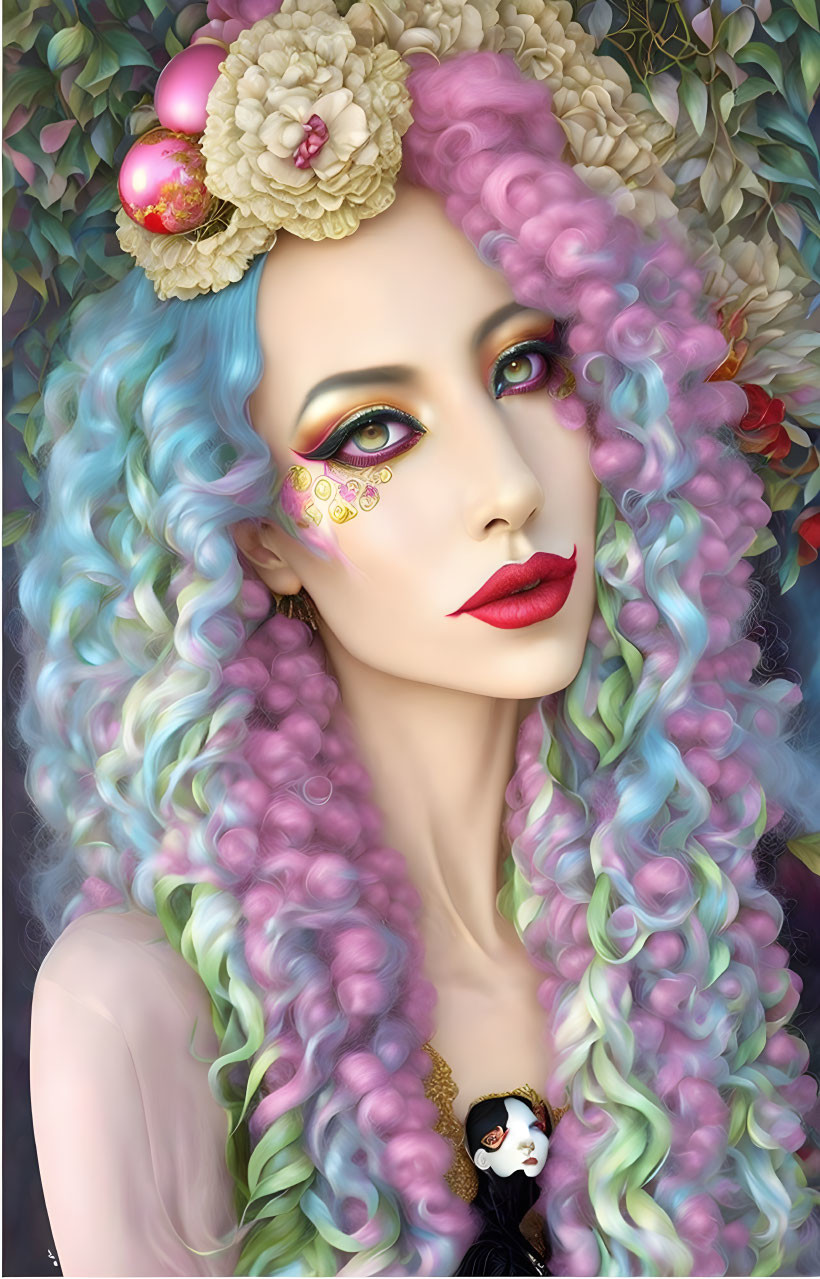 Illustrated woman with pastel curly hair and Venetian mask pendant