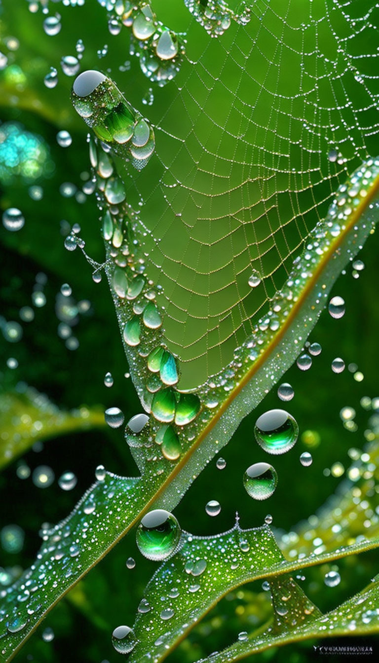 Dewdrops on spider web with green leaves - Nature's balance captured