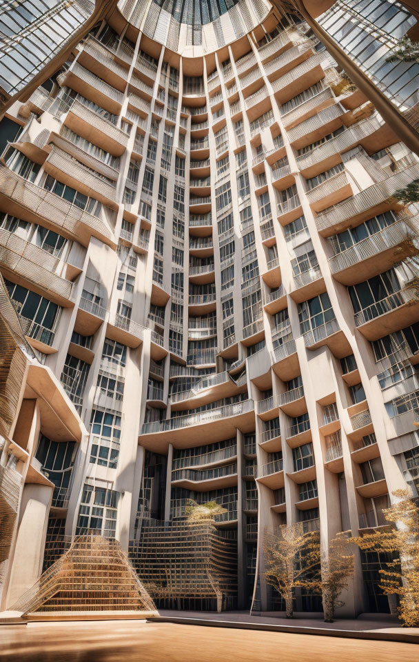 Symmetrical cylindrical building with glass roof and balconies