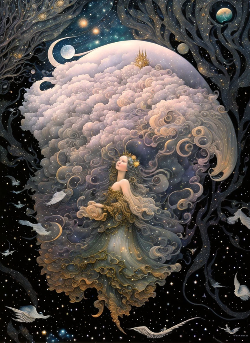 Woman blending with cosmic setting in flowing gown amidst stars, planets, and moons