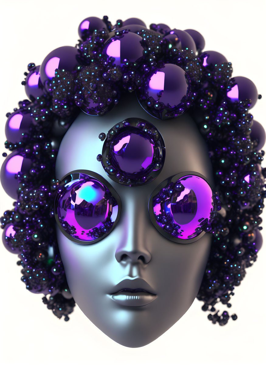 Detailed 3D humanoid figure with metallic skin and purple sphere hair and eyes.