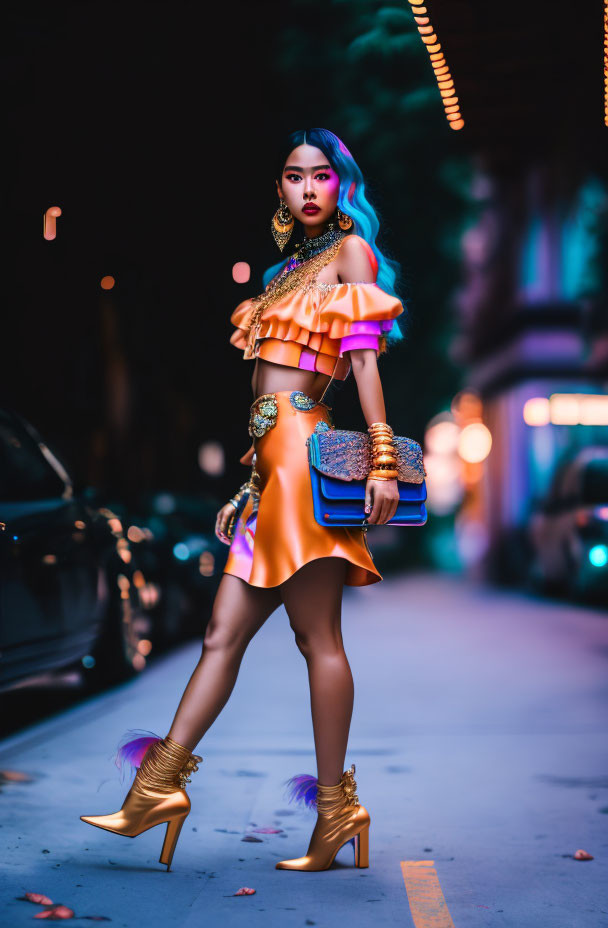 Woman in Vibrant Orange Dress and Gold Heels Poses on Street at Twilight