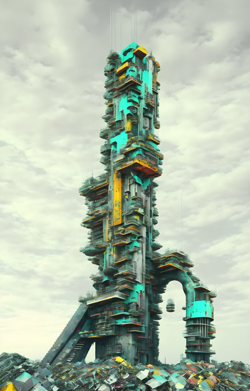 Futuristic tower amidst junkyard under cloudy sky