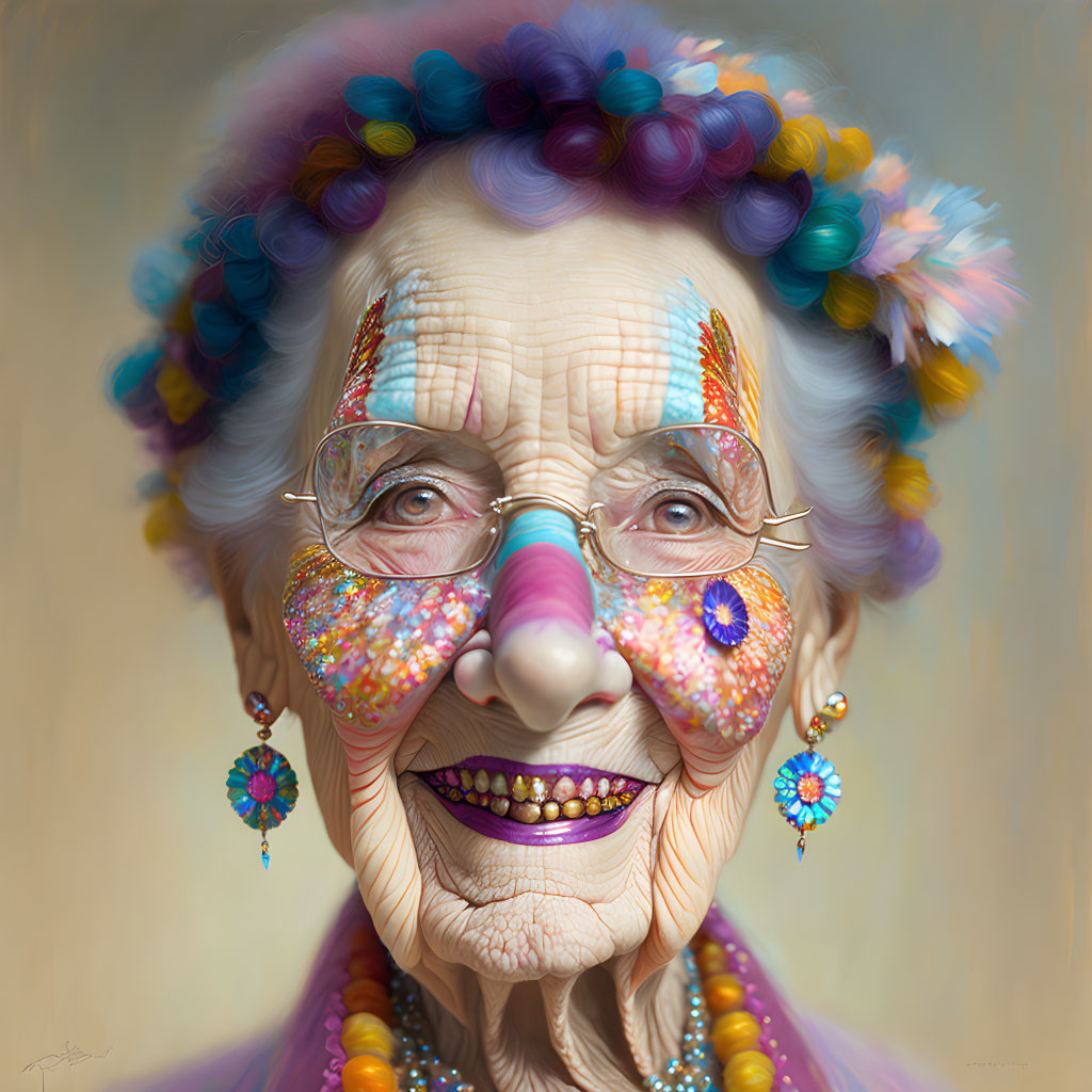 Colorfully styled elderly woman with glasses, earrings, and beaded necklace