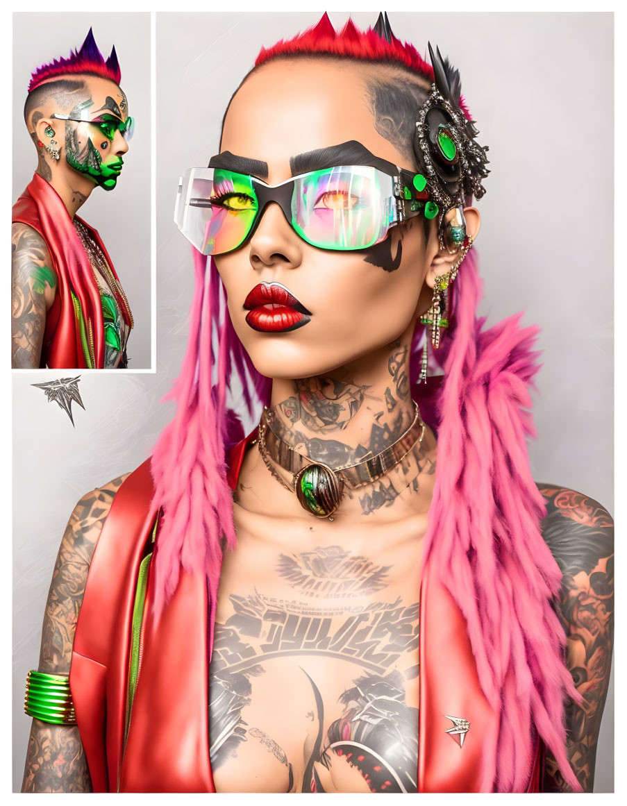 Vibrant Pink Hair, Tattoos, Green Glasses & Red Jacket: Punk-Inspired Pose