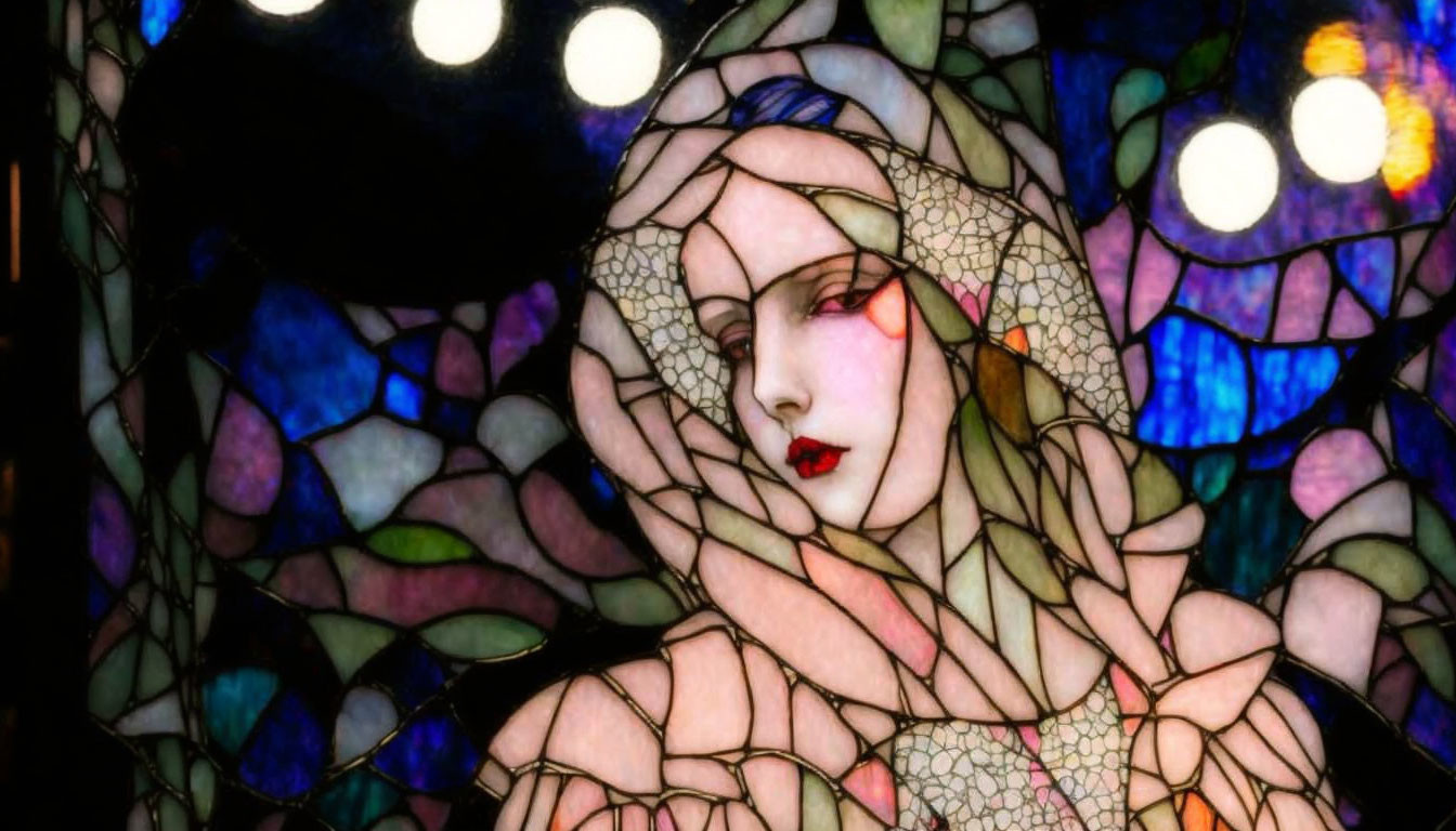 Stained Glass Artwork of Pale Woman with Red Lips