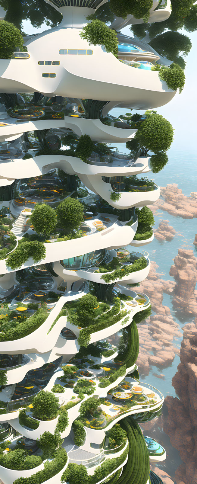 Layered Green Spaces Integrated in Futuristic Cliffside City