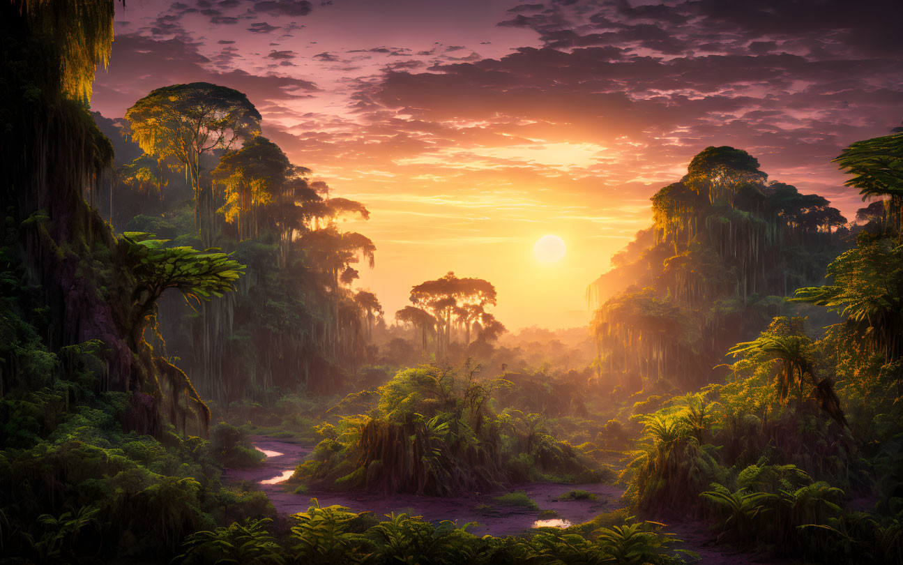 Towering Trees in Lush Jungle at Sunrise
