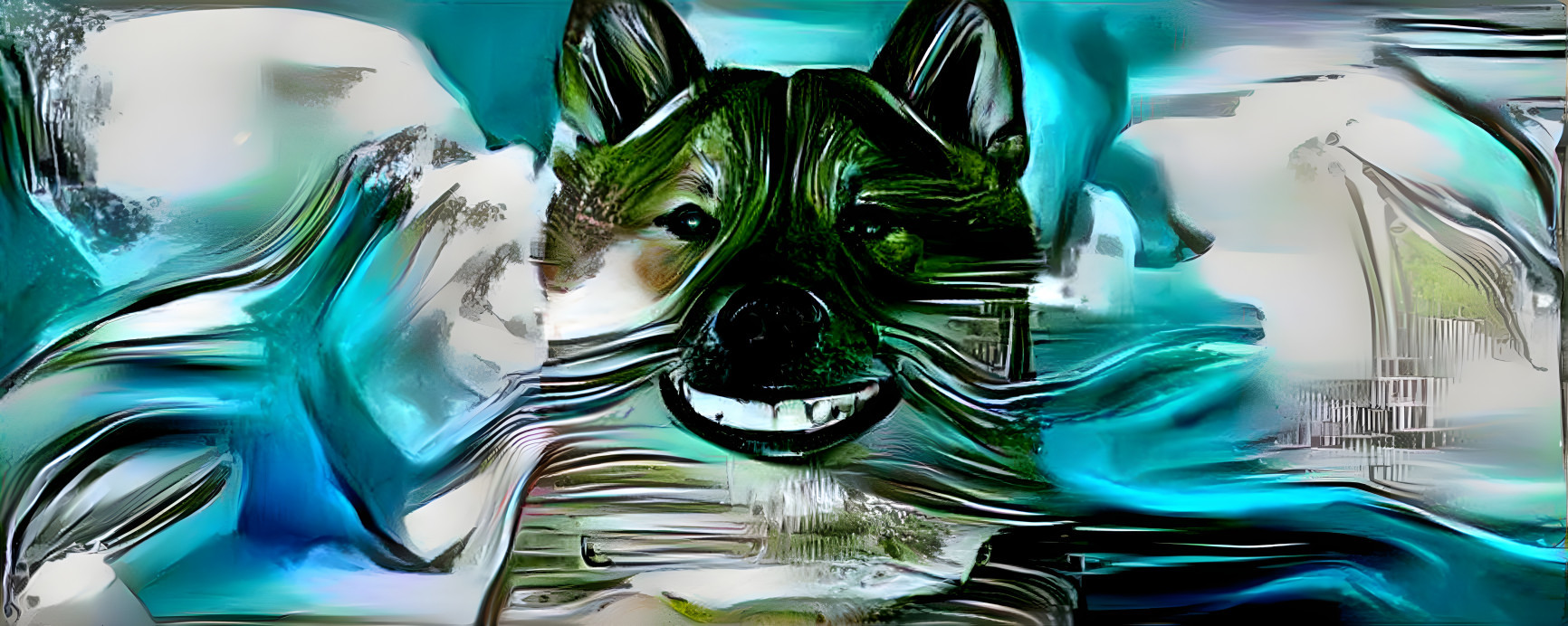 dog with human smile, aqua chrome retexture