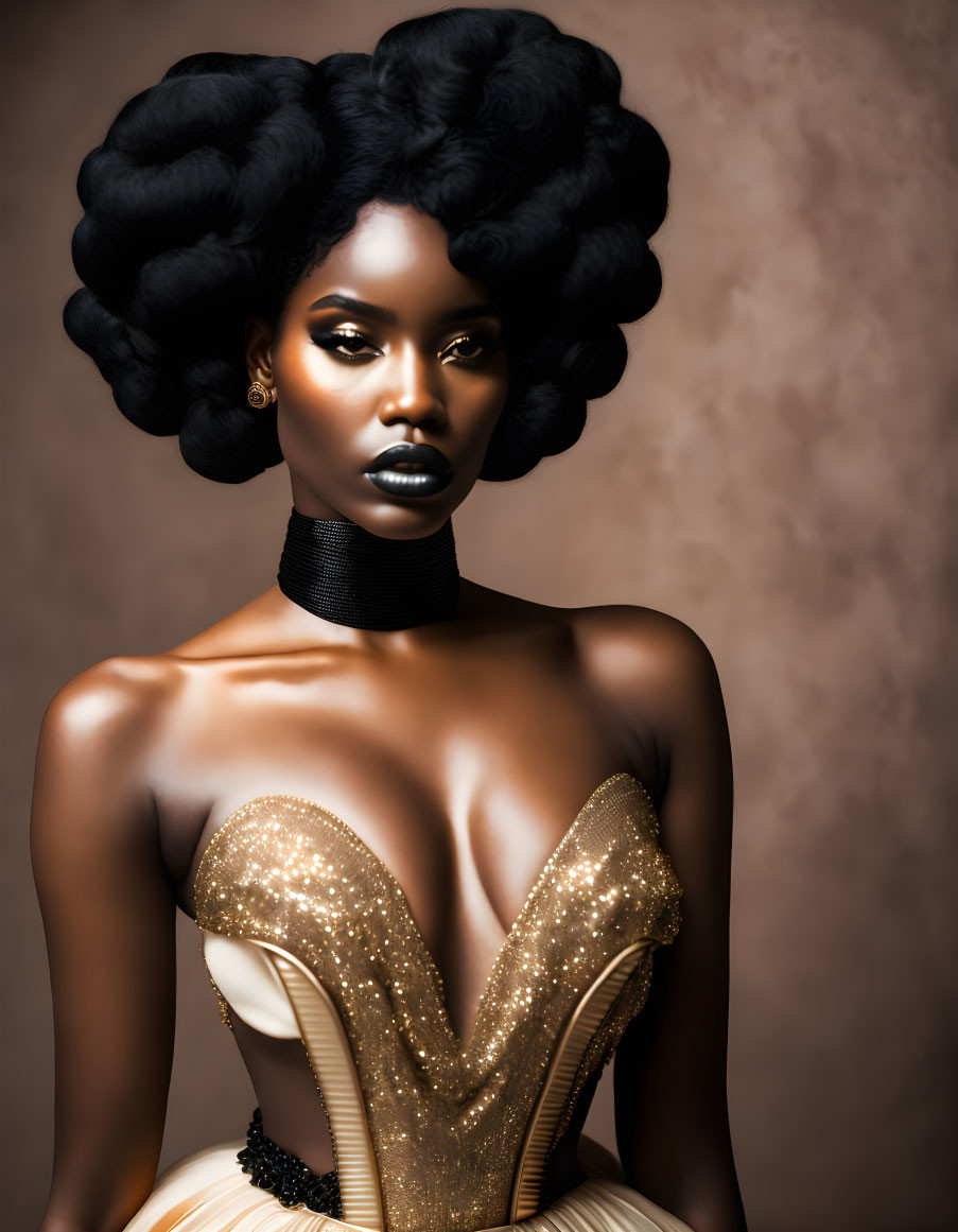 Voluminous Black Updo Hairstyle and Gold-Embellished Corset Look