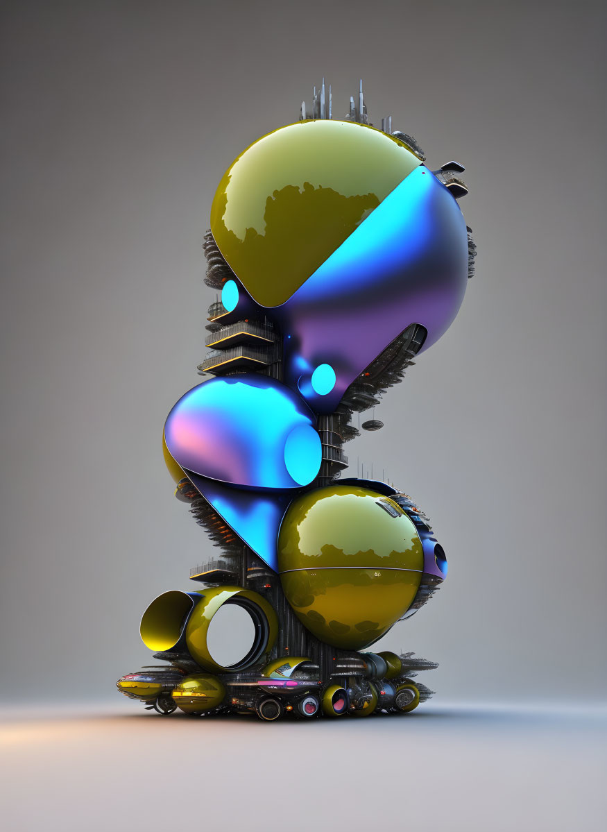 Abstract 3D Render of Glossy Spherical Shapes in Blue with Mechanical Details