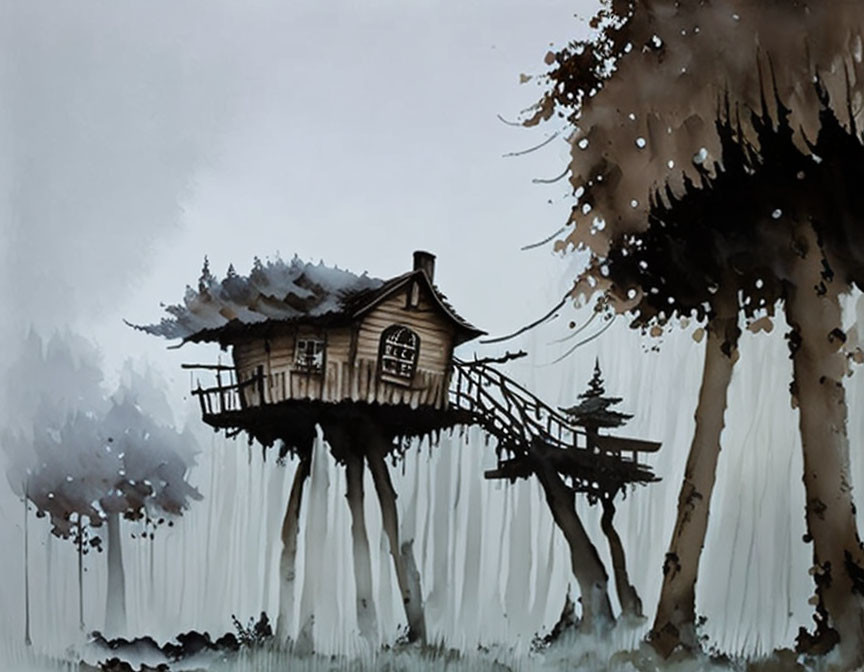 Whimsical watercolor of treehouse on stilts in foggy forest