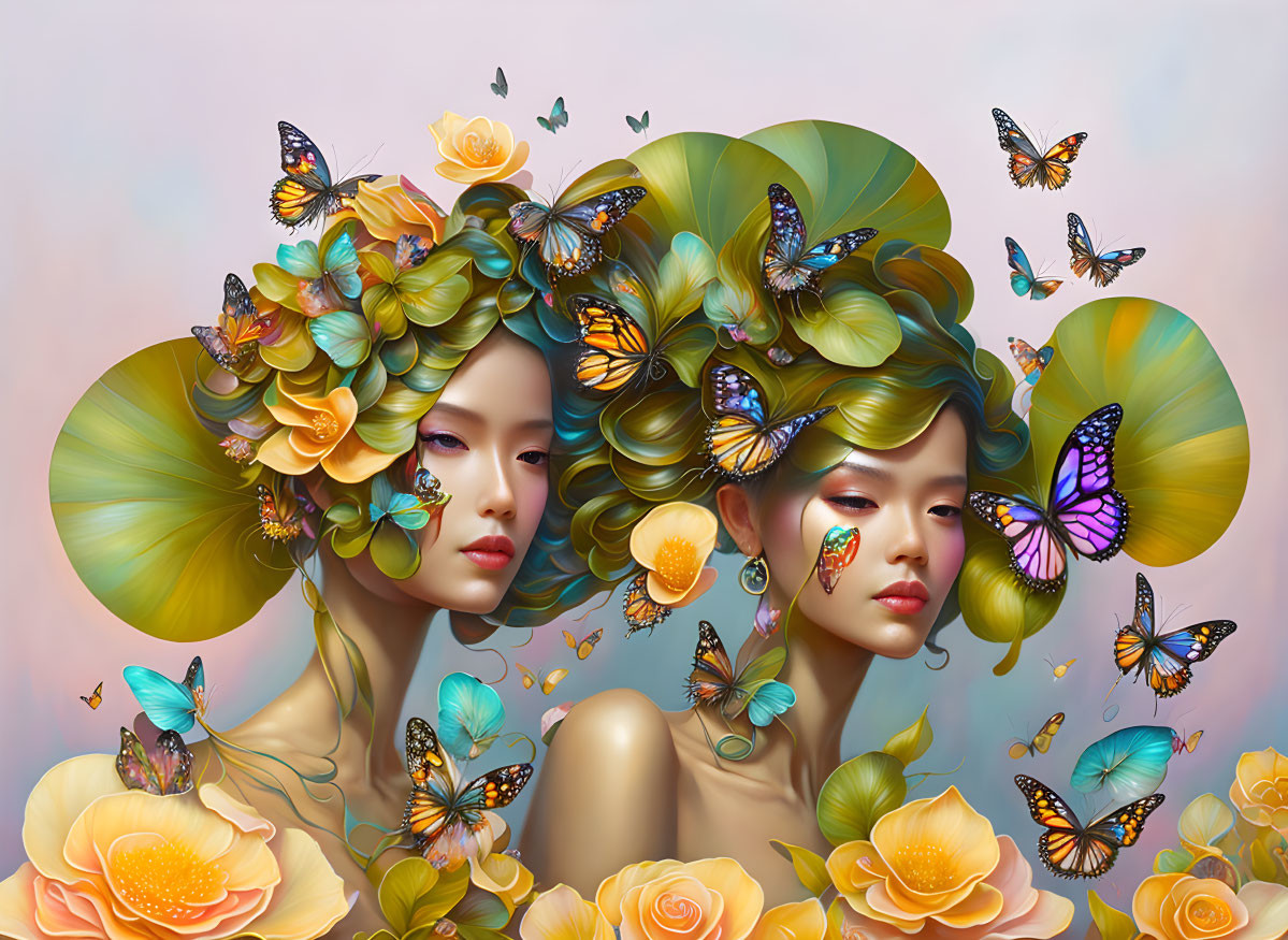 Stylized women with floral and butterfly hairstyles on pastel background