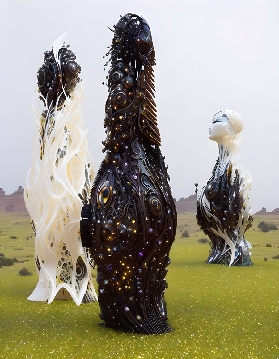 Abstract humanoid sculptures with intricate textures and patterns against a serene backdrop